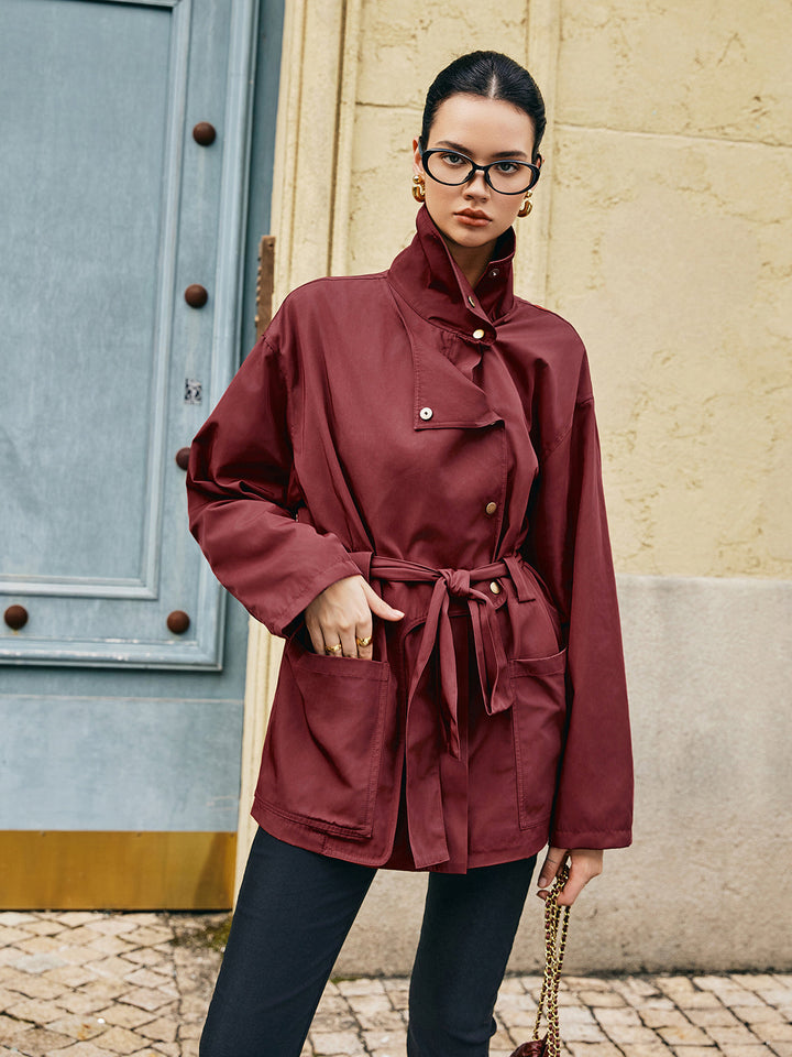 Płaszcz damski typu trencz | Asymetryczny, z paskiem