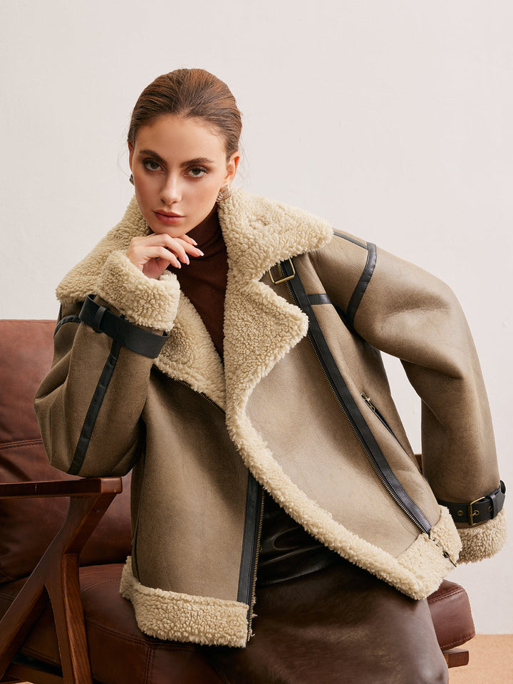 Płaszcz damski Teddy | Zamek błyskawiczny, sztuczna skóra