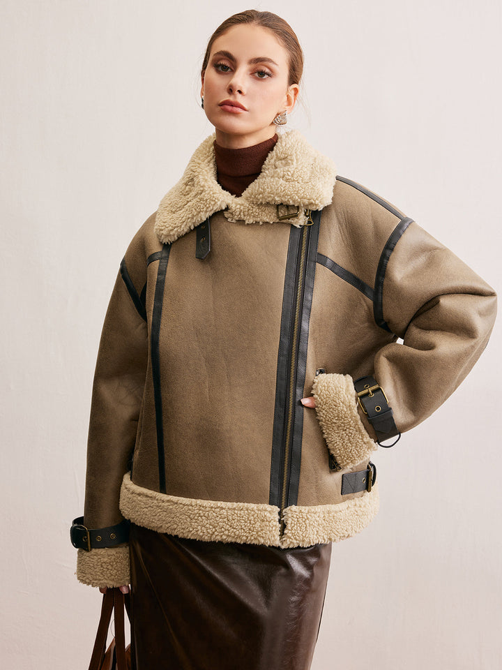 Płaszcz damski Teddy | Zamek błyskawiczny, sztuczna skóra