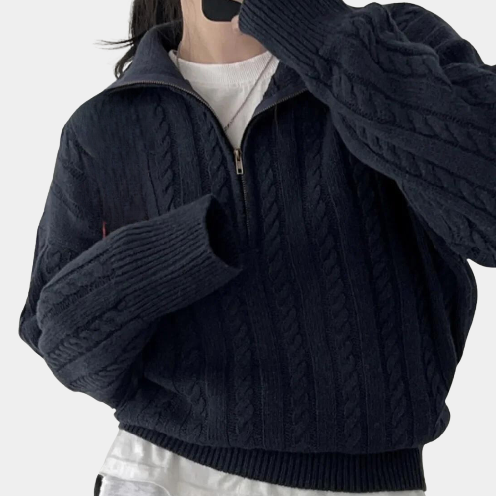 Sweter damski | Splot kablowy, zamek błyskawiczny do połowy