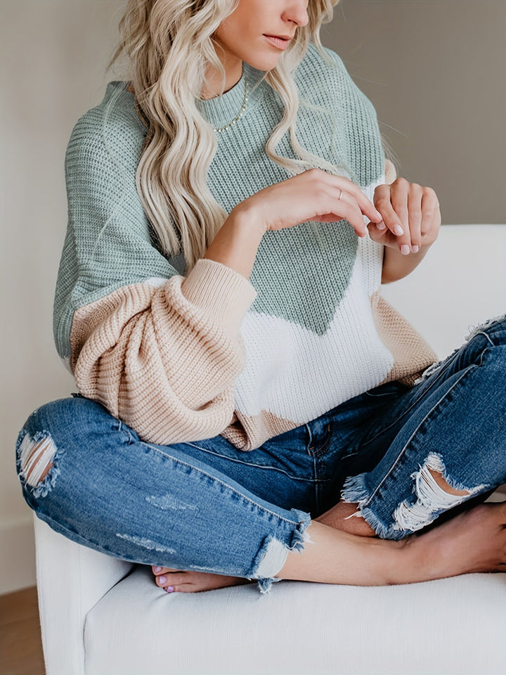 Sweter damski | Prążkowany dzianinowy wzór bloków kolorów