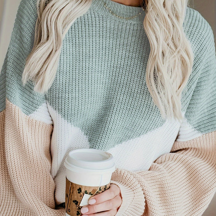 Sweter damski | Prążkowany dzianinowy wzór bloków kolorów