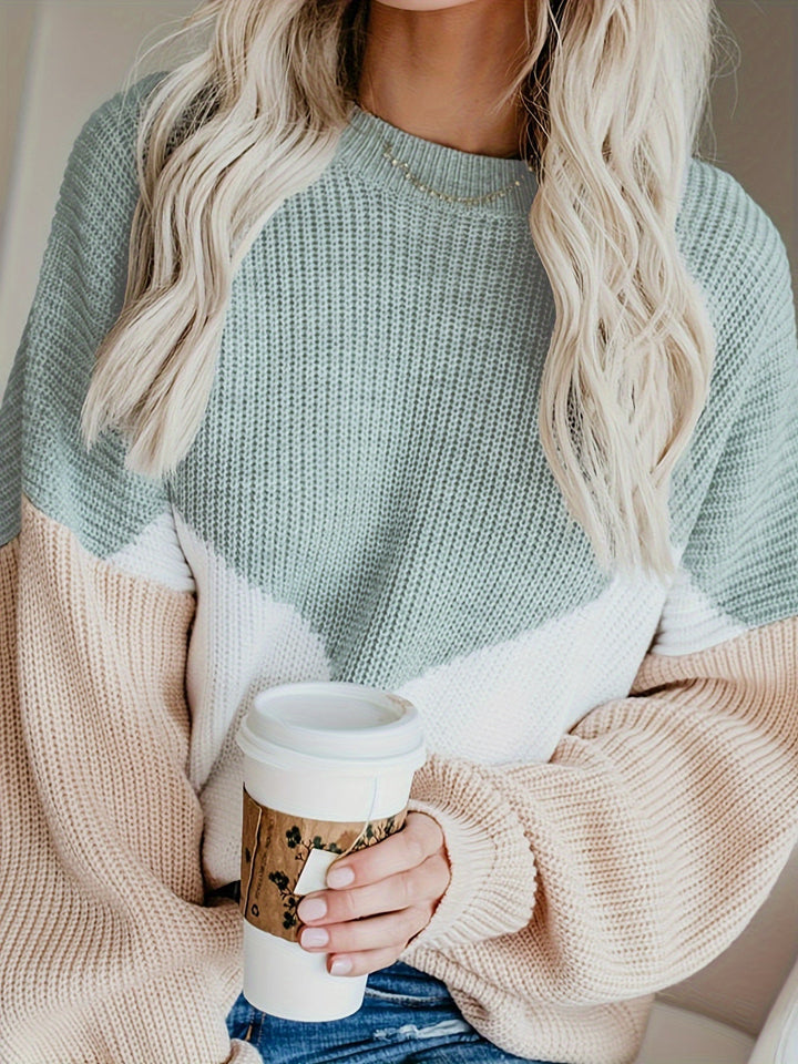 Sweter damski | Prążkowany dzianinowy wzór bloków kolorów