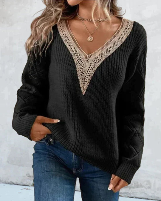 Sweter damski | dzianinowy dekolt w serek