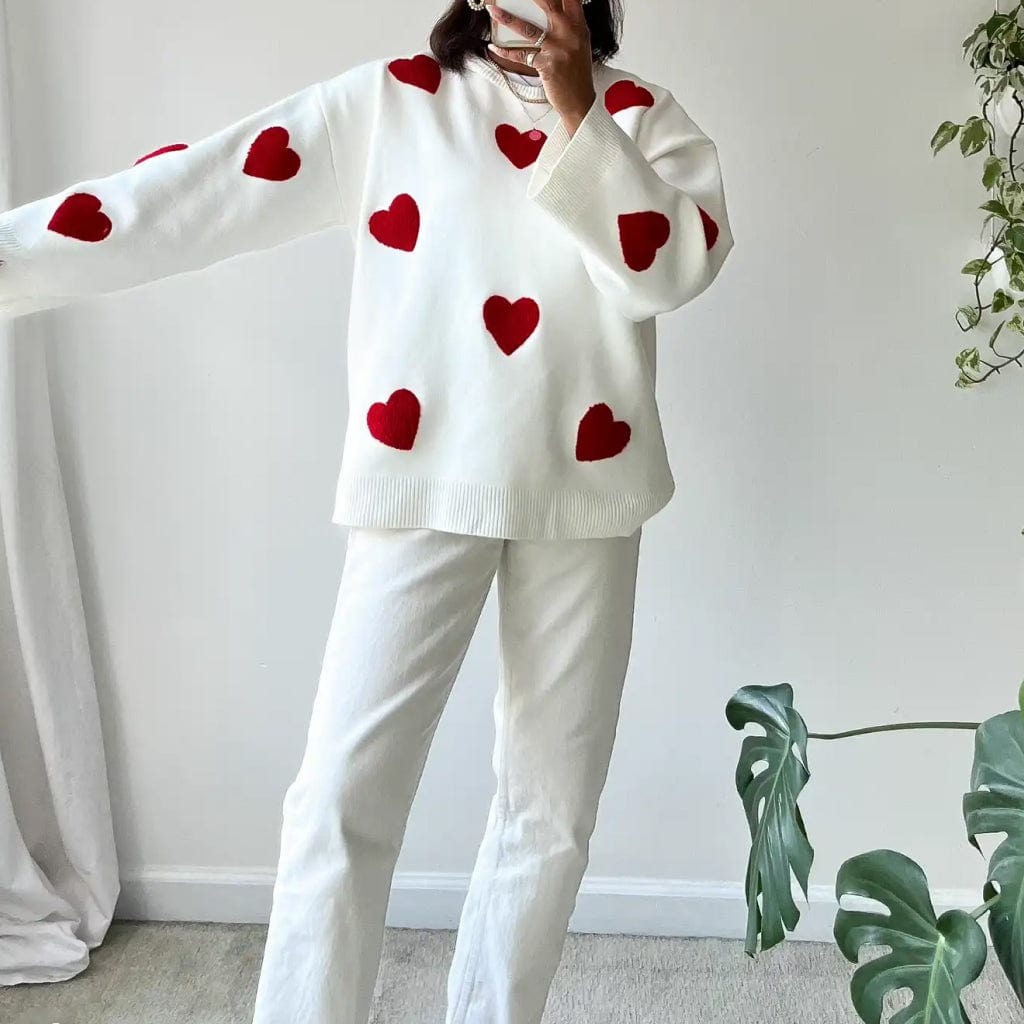 Sweter damski | dzianina z nadrukiem w serca