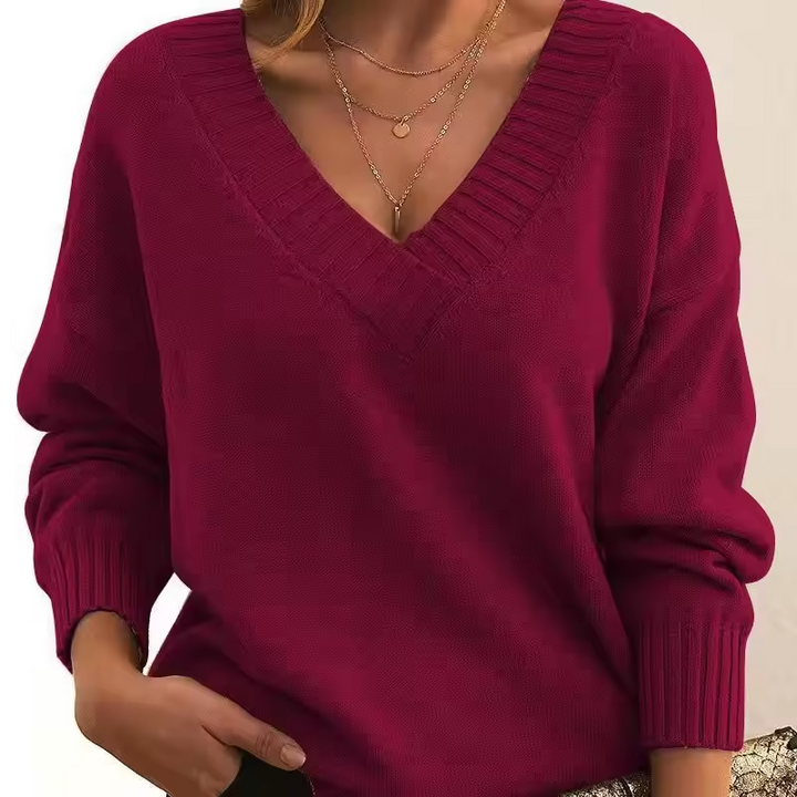 Sweter damski dzianinowy | dekolt w serek
