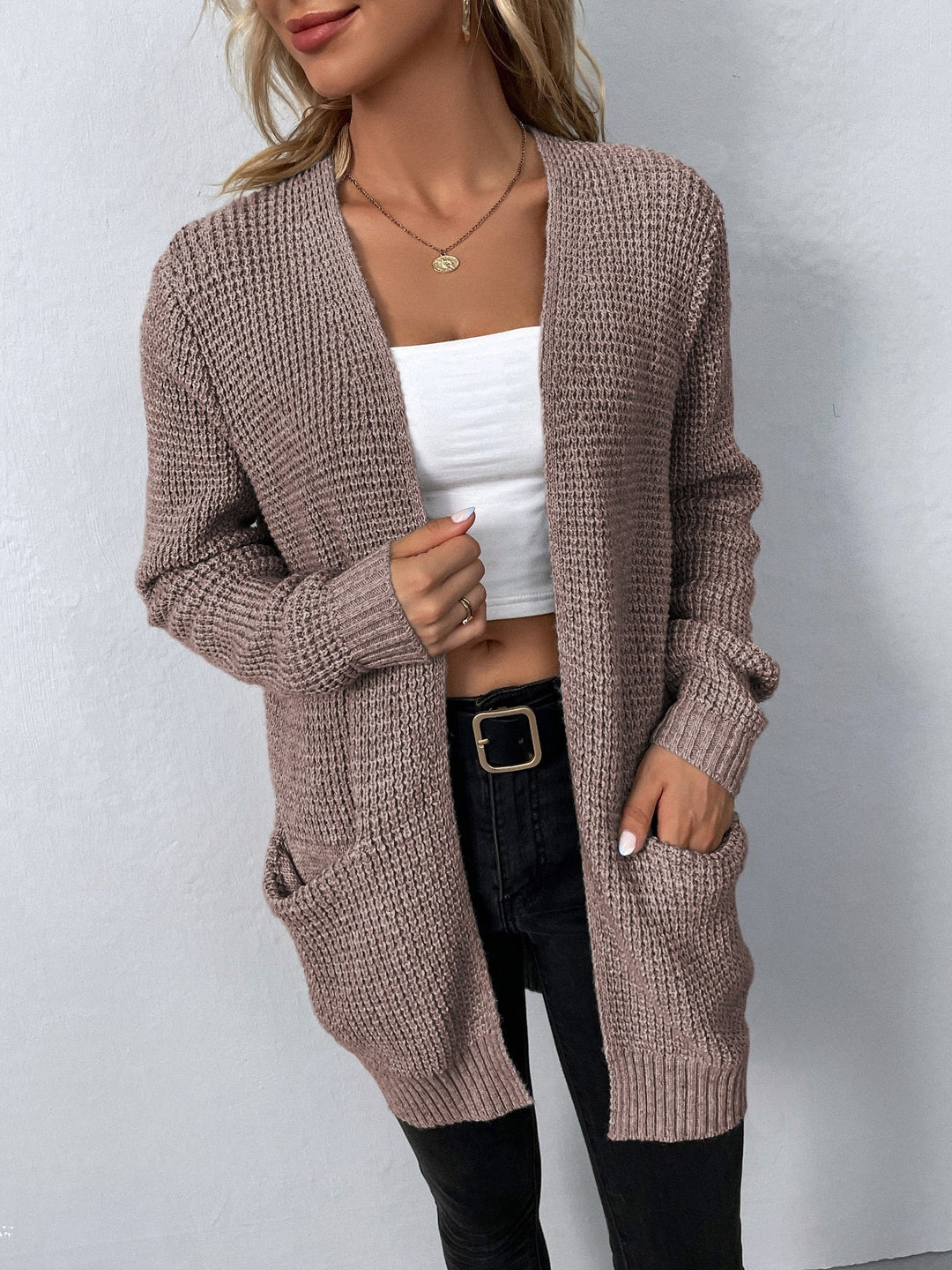 Sweter damski z dzianiny – kardigan damski otwarty z przodu